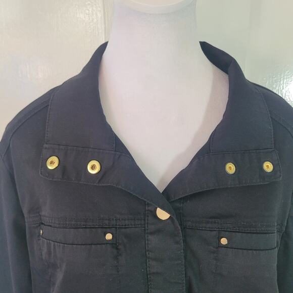 Chico's Size 2 US 12/14 Luxe Twill Utility Jacket Black Gold Minimalist Casual - Picture 2 of 9